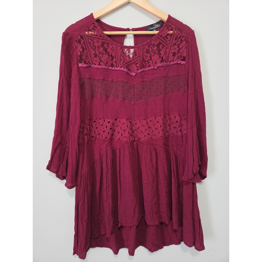 Suzanne Betro Burgundy Lace Eyelet Swiss Dot Tunic Top XL Boho Bell Sleeve Wine